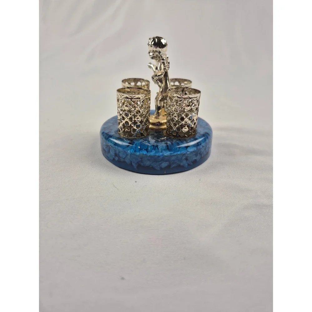 Silver Tone Cherub Angel Lipstick Holder Blue Crushed Stone Base Vanity Sam Fink